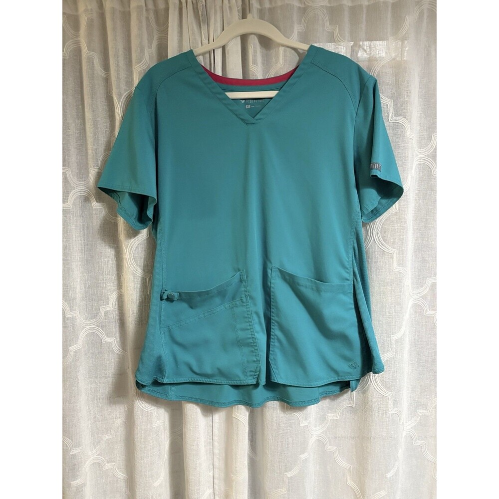 Med Couture Scrub Top Womens Size XL Teal Blue Solid  V-Neck Medical Scrubs